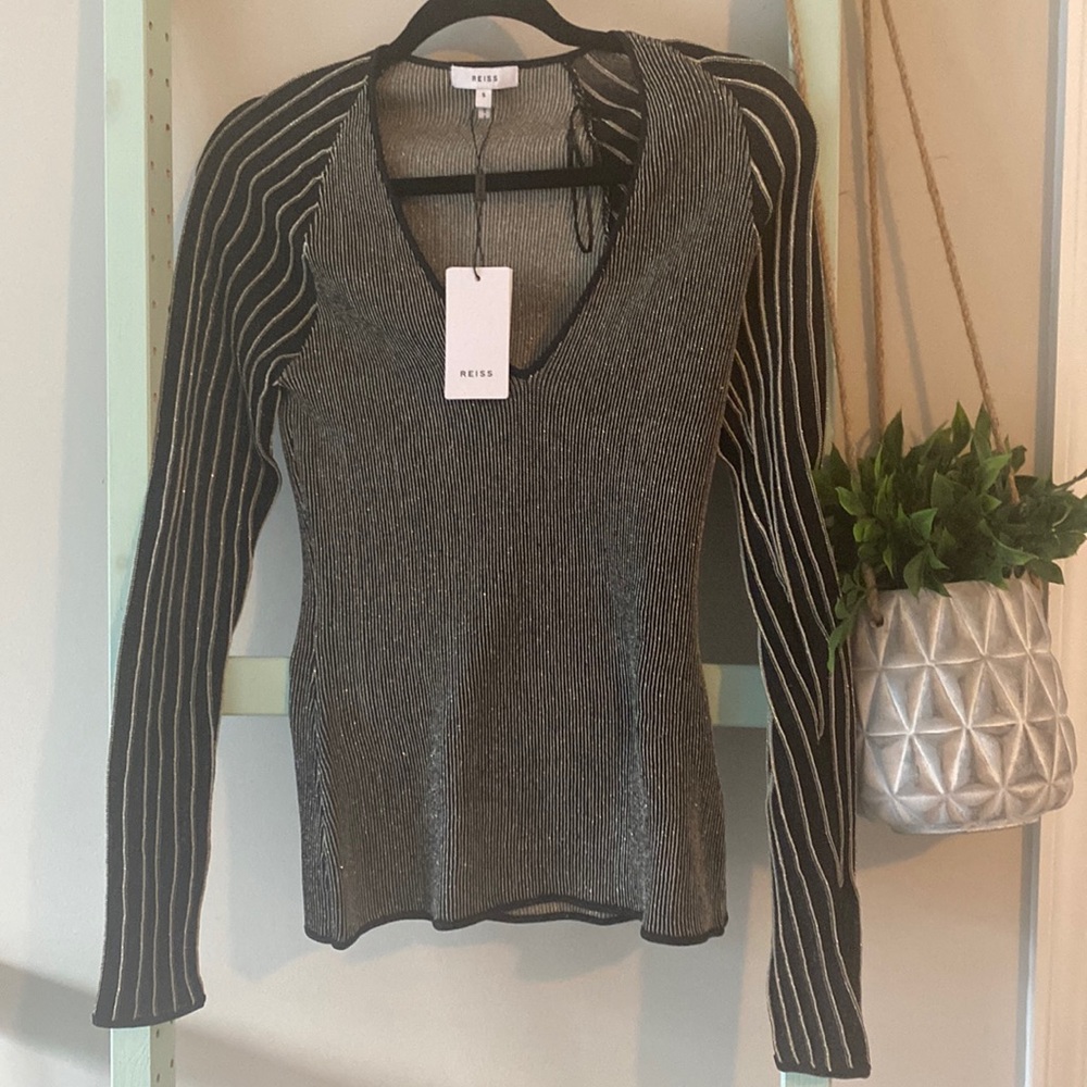 NWT Reiss Esta Long Sleeve Metallic Ribbed Top Copy